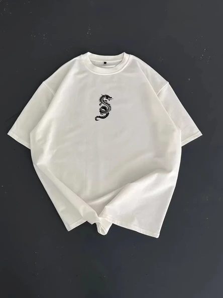 Baskılı Oversize Bisiklet Yaka T-shirt - Beyaz ürün görseli 1