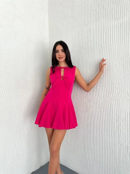 Göğüs Bağlamalı Kolsuz Mini Boy Elbise - Pembe - Resim 7