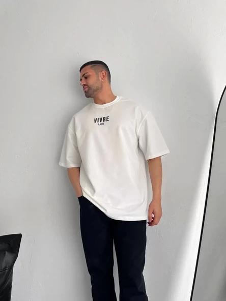 Baskılı Oversize Bisiklet Yaka T-shirt - Beyaz - Resim 4