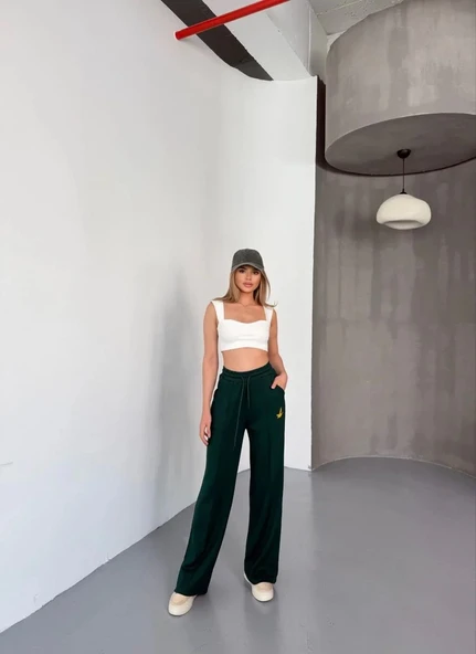 Osy Modal Yumuşak Dokulu Kumaş Nakış işlemeli Rahat Bol Paça Eşofman Pantalon - Yeşil - Resim 4