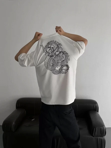 Baskılı Oversize Bisiklet Yaka T-shirt - Beyaz - Resim 4