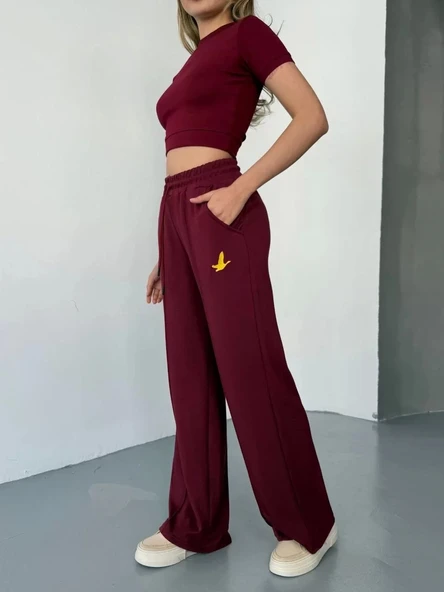 Osy Modal Yumuşak Dokulu Kumaş Nakış işlemeli Rahat Bol Paça Eşofman Pantalon - Bordo - Resim 7