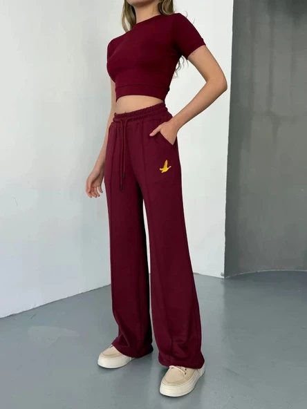 Osy Modal Yumuşak Dokulu Kumaş Nakış işlemeli Rahat Bol Paça Eşofman Pantalon - Bordo ürün görseli 1