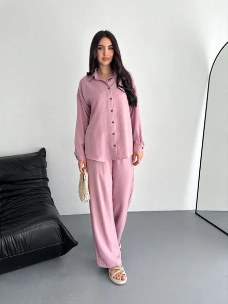 Gömlek Pantolon ikili Takım - Toz Pembe - Resim 5