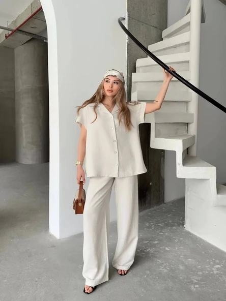 Keten Kısa Kollu Cepli Gömlek Pantolon ikili Takım - Beyaz - Resim 5