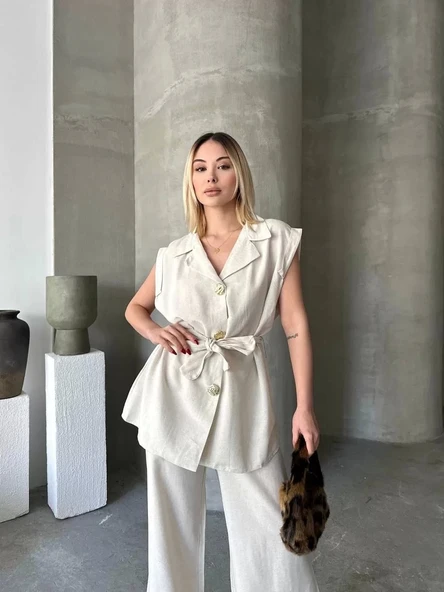 Keten Sıfır Kol Kuşaklı Ceket Pantolon ikili Takım - Beyaz - Resim 2