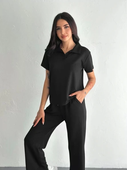 Osy Modal Yumuşak Dokulu Kumaş Kısa Kollu Yakalı T-shirt Pantalon ikili Takım- Siyah - Resim 2