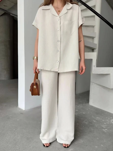 Keten Kısa Kollu Cepli Gömlek Pantolon ikili Takım - Beyaz ürün görseli 1