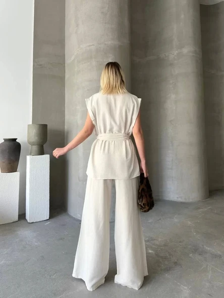 Keten Sıfır Kol Kuşaklı Ceket Pantolon ikili Takım - Beyaz - Resim 5