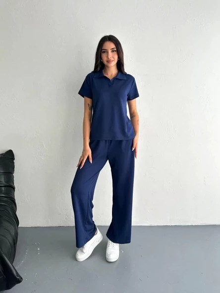 Osy Modal Yumuşak Dokulu Kumaş Kısa Kollu Yakalı T-shirt Pantalon ikili Takım- Lacivert - Resim 3
