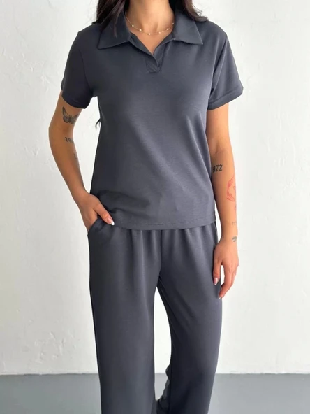 Osy Modal Yumuşak Dokulu Kumaş Kısa Kollu Yakalı T-shirt Pantalon ikili Takım- Antrasit ürün görseli 1