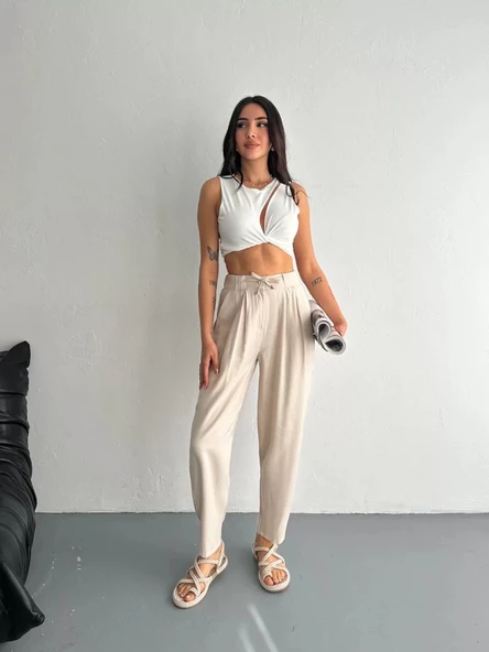 Kadın Yüksel Bel Beli Bağcıklı Rahat Boru Paça Pantalon - Kırık Beyaz - Resim 3