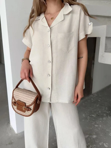 Keten Kısa Kollu Cepli Gömlek Pantolon ikili Takım - Beyaz - Resim 3