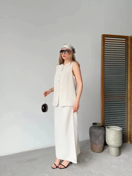 Keten Kolsuz Sıfır Yaka İlik Düğmeli Kolsuz Hırka Etek ikili Takım- Beyaz