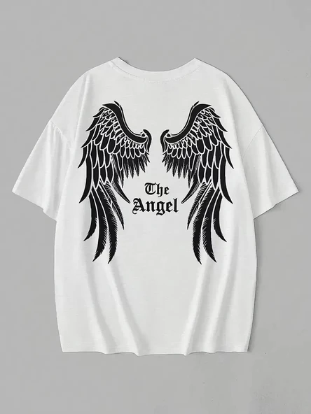 20/1 Penye Compack Dark Angel Baskılı Oversize Kısa Kol Yazlık T-shirt- Beyaz - Resim 3