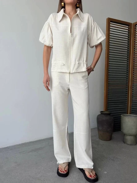 Keten Tam Fermuarlı Kısa kollu Gömlek Pantolon ikili Takım - Beyaz - Resim 5