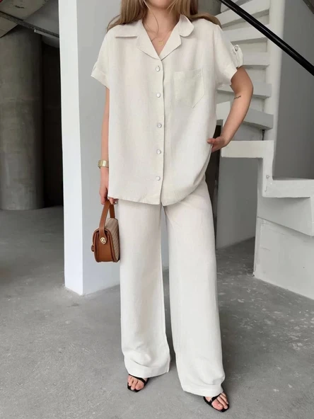 Keten Kısa Kollu Cepli Gömlek Pantolon ikili Takım - Beyaz - Resim 4