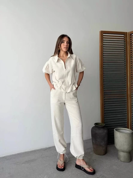 Keten Tam Fermuarlı Kısa kollu Gömlek Pantolon ikili Takım - Beyaz ürün görseli 1