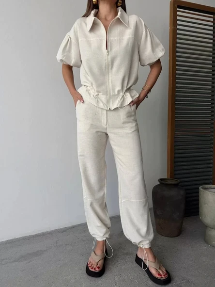 Keten Tam Fermuarlı Kısa kollu Gömlek Pantolon ikili Takım - Beyaz - Resim 4