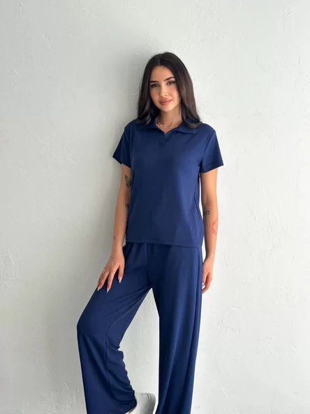 Osy Modal Yumuşak Dokulu Kumaş Kısa Kollu Yakalı T-shirt Pantalon ikili Takım- Lacivert - Resim 6