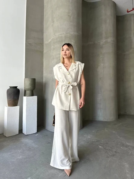 Keten Sıfır Kol Kuşaklı Ceket Pantolon ikili Takım - Beyaz - Resim 3