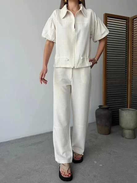 Keten Tam Fermuarlı Kısa kollu Gömlek Pantolon ikili Takım - Beyaz - Resim 3