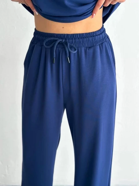 Osy Modal Yumuşak Dokulu Kumaş Kısa Kollu Yakalı T-shirt Pantalon ikili Takım- Lacivert - Resim 2