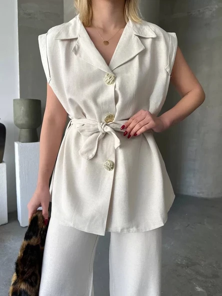 Keten Sıfır Kol Kuşaklı Ceket Pantolon ikili Takım - Beyaz ürün görseli 1