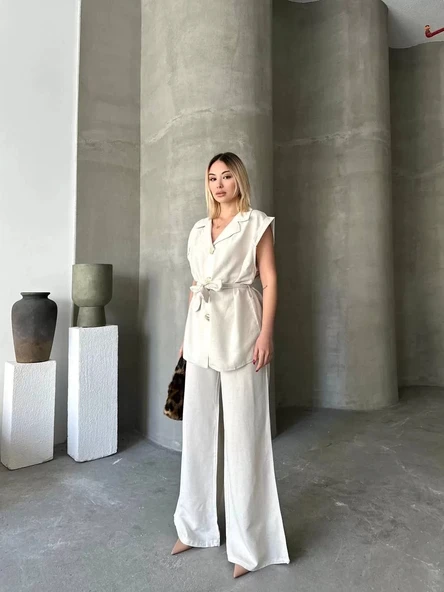 Keten Sıfır Kol Kuşaklı Ceket Pantolon ikili Takım - Beyaz - Resim 4