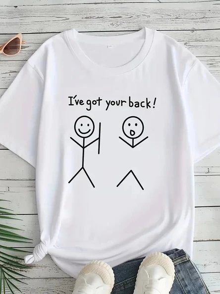 Kadın Beyaz "I've Got Your Back" Grafik Tişört - Eğlenceli Çubuk Tasarımlı Oversize Günlük Kısa Kollu Tişört, Polyester ürün görseli 1