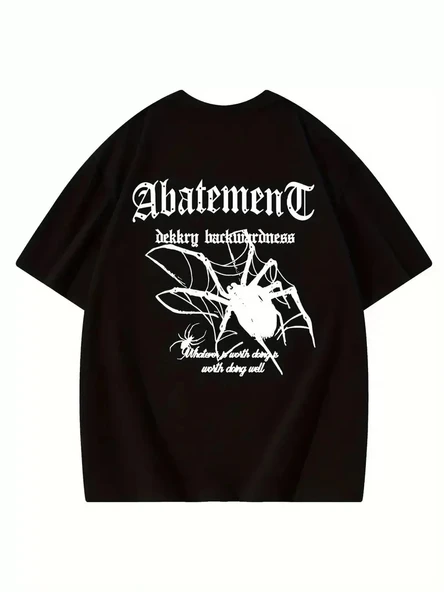 Örümcek Ağı Desenli Baskılı Oversize Bisiklet Yaka T-shirt - Siyah - Resim 3