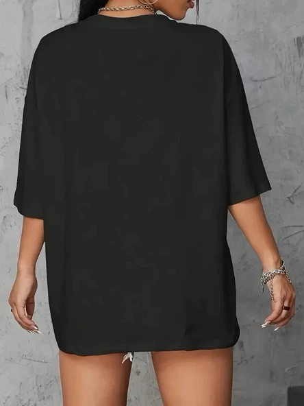 20/1 Penye Compack Baskılı Oversize Kahve Desenli Kadın Kısa Kol Yazlık T-shirt - Siyah - Resim 4