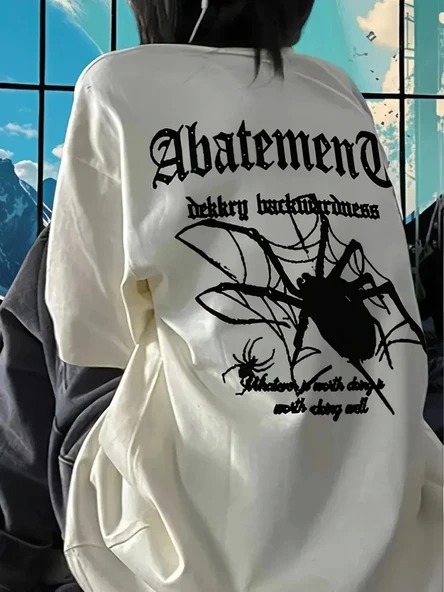 Örümcek Ağı Desenli Baskılı Oversize Bisiklet Yaka T-shirt  - Beyaz ürün görseli 1