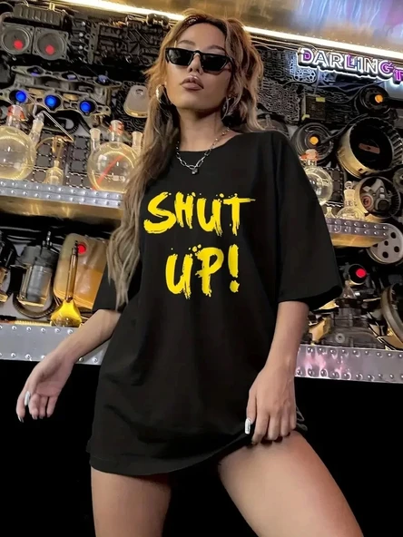 20/1 Penye Compack Shut up Baskılı Oversize Bisiklet Yaka Kısa Kol T-shirt - Siyah - Resim 3