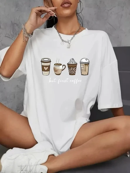 20/1 Penye Compack Baskılı Oversize Kahve Desenli Kadın Kısa Kol T-shirt - Beyaz ürün görseli 1