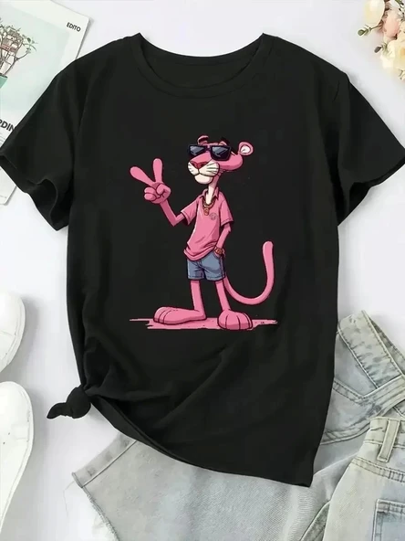 20/1 Penye Compack Pembe Panter Baskılı Oversize Bisiklet Yaka Kısa Kol Yazlık T-shirt - Beyaz - Resim 2