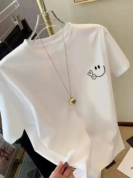 20/1 Penye Compack Gülücük Baskılı Oversize Bisiklet Yaka Kısa Kol Yazlık T-shirt - Beyaz - Resim 2