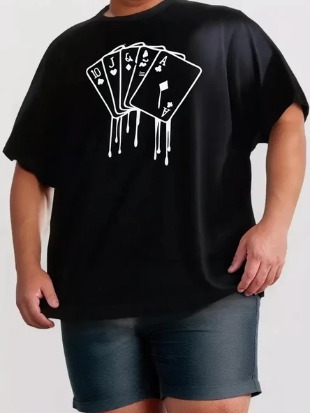 erkek büyük beden Kart baskılı düz renk kısa kollu bisiklet yaka tişört gündelik giyim - Siyah - Resim 3