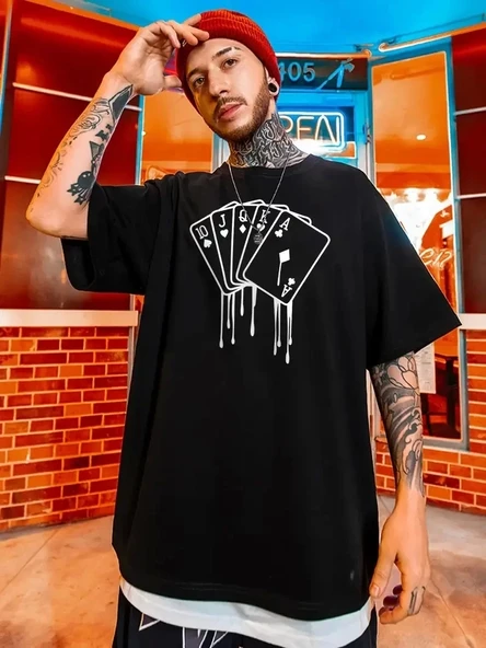 erkek büyük beden Kart baskılı düz renk kısa kollu bisiklet yaka tişört gündelik giyim - Siyah - Resim 5