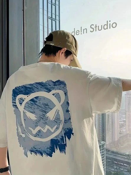 20/1 Penye Compack Bisiklet Yaka Kore tarzı sevimli ayı baskı Kısa Kol Erkek t-shirt - Beyaz - Resim 5