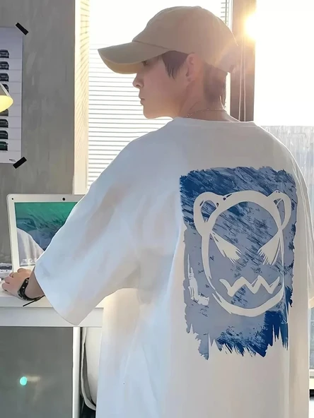 20/1 Penye Compack Bisiklet Yaka Kore tarzı sevimli ayı baskı Kısa Kol Erkek t-shirt - Beyaz - Resim 2