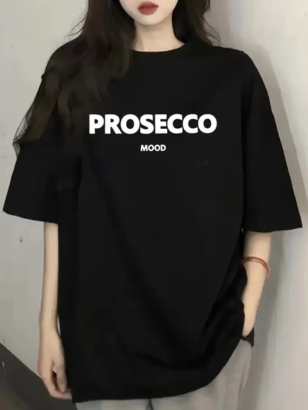 20/1 Penye Compack Baskılı Oversize Kısa Kol Bisiklet Yaka T-shirt - Siyah ürün görseli 1