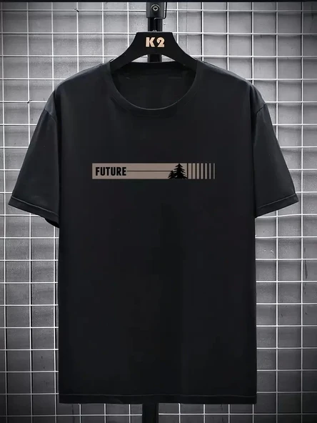 20/1 Penye Compack FUTRE Baskılı Oversize Kısa Kol Bisiklet Yaka T-shirt - Siyah ürün görseli 1