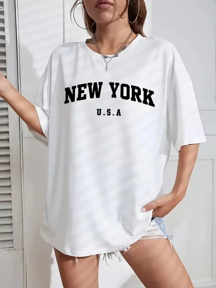 20/1 Penye CompackNew York Baskılı Oversize Kısa Kol Bisiklet Yaka T-shirt - Beyaz ürün görseli 1