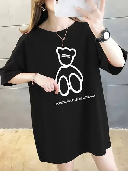20/1 Penye Compack Ön Arka Baskılı Oversize Bisiklet Yaka T-shirt - Siyah ürün görseli 1