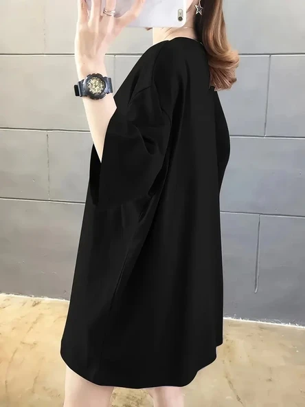 20/1 Penye Compack Ön Arka Baskılı Oversize Bisiklet Yaka T-shirt - Siyah - Resim 3