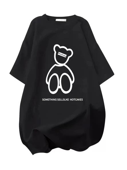 20/1 Penye Compack Ön Arka Baskılı Oversize Bisiklet Yaka T-shirt - Siyah - Resim 2