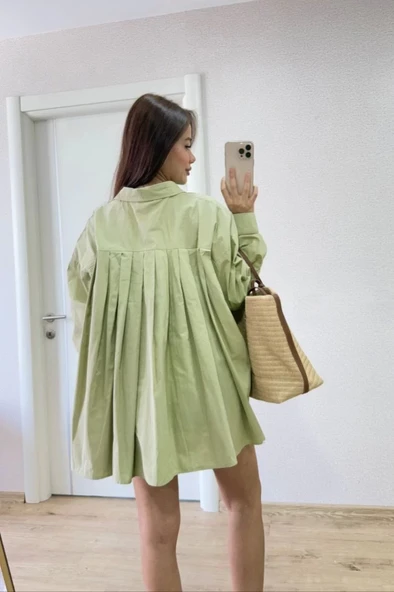 Poplin Kadın Yakalı Yandan Yırtmaçlı Arka Pens Detaylı Gömlek - Yeşil - Resim 5