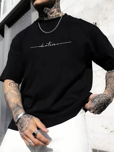 Büyük Beden Erkek "Whatever" Baskılı Tişört, Oversize Erkekler İçin Yaz Modası Kısa Kollu Tişörtler - Siyah ürün görseli 1