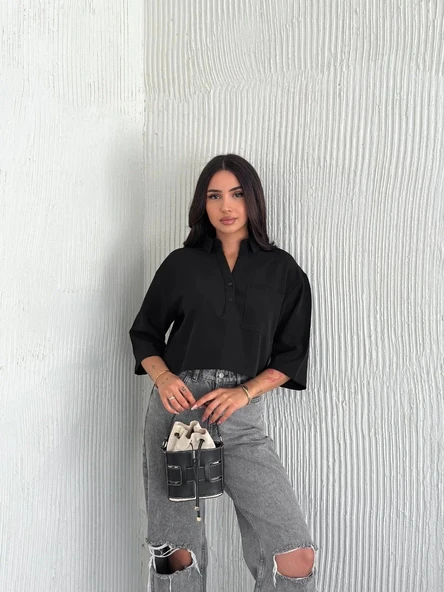 Z Krep Kadın Crop Yakalı Gömlek İlik Düğmeli Üç Çeyrek Sleeve Kol - Siyah - Resim 5